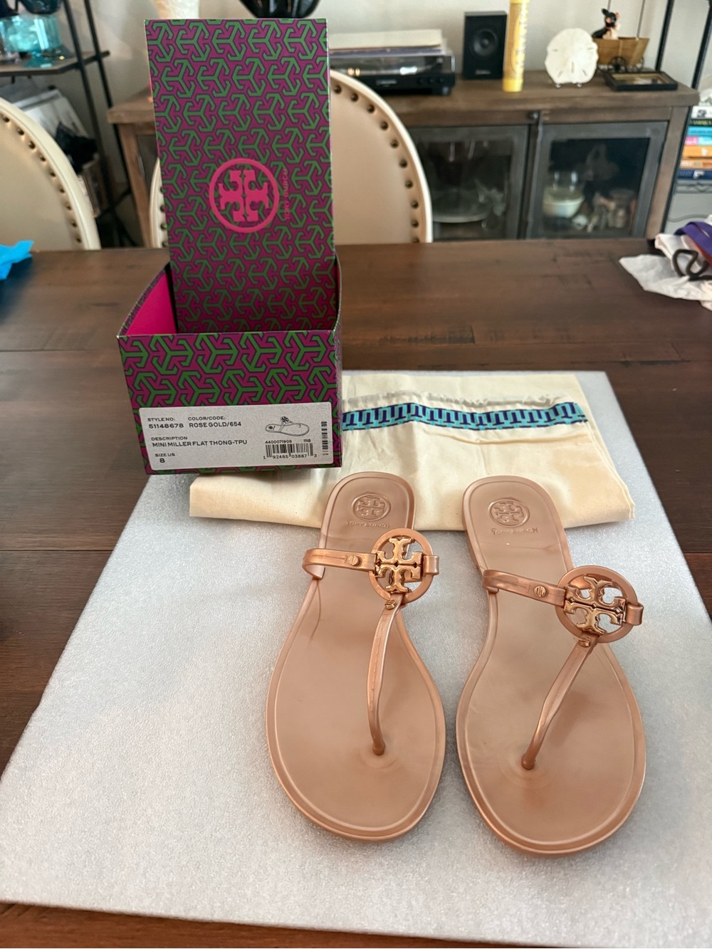 Tory Burch Rose Gold Miller Logo Jelly Thong Sandals